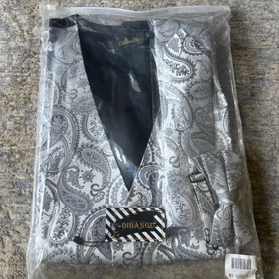 NEW Men’s Silver Paisley Vest, Tie, Bow Tie & Tie Clip Set Size S Dibangu - Image 1 of 4
