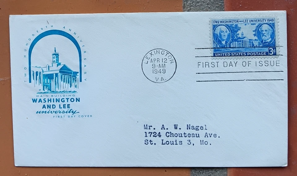 WASHINGTON & ROBERT E LEE UNIVERSITY 1949  FARNAM BLUE CACHET  FDC #982 SEALED - Image 1 of 1
