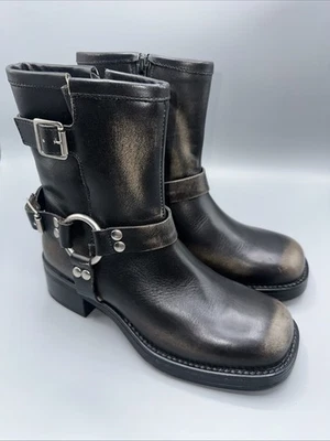 Steve Madden Brixton Harness Black Distressed Leather Moto Zip Boot 6.5 - New - Image 1 of 4