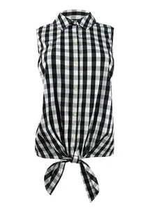 Charter Club Women's Gingham-Print Tie-Hem Shirt (10, Deep Black Combo) - Picture 1 of 3