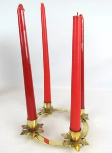 Vtg Brass Advent Poinsettia Holly Ring Wreath Candlestick Holder Taper Candles  - Picture 1 of 9