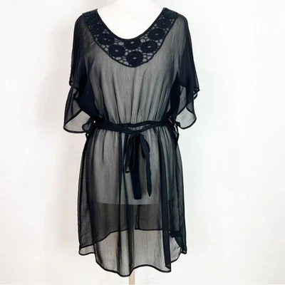 MOSSIMO BLACK SEMI SHEER KIMONO SLEEVE COVER UP DRESS WITH BELT SZ MEDIUM - Image 1 of 4