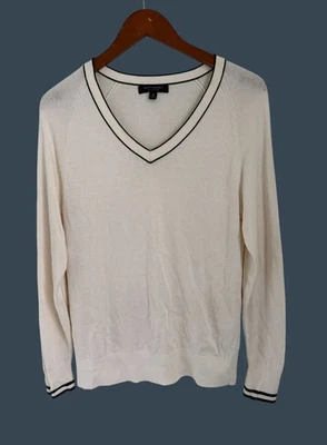 Suéter Banana Republic Mujer Seda Algodón Cuello en V Crema Con Borde Negro Manga Larga Foto 1 de 4