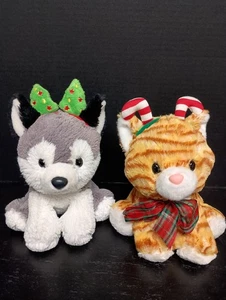 Aurora Christmas Plush Lot Of 2 Husky Puppy Dog & Striped Cat Kitten 9" Holiday - Picture 1 of 8