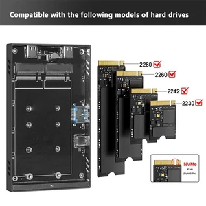 Dual Bay M.2 NVMe SSD Enclosure Aluminum USB3.2 Gen2 10Gbps M.2 Type C USB A NEW - Afbeelding 1 van 12