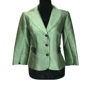 Kay Unger 8 Blazer Green Shimmer Silk Bl Black Chiffon Belt 3/4 Sl Lined Dressy 