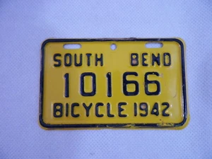 Vintage 1942 South Bend Bicycle License Plate Tag 10166 Black on Yellow - Picture 1 of 2