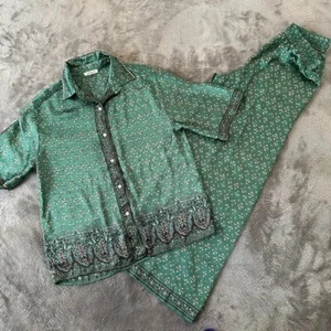 Max Studio Green Satin Pajamas Set Pants Short Sleeve Shirt SMALL Women's - Imagen 1 de 6