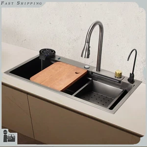 Flying Rain Waterfall Drop In Kitchen Sink w/ Pull Down Faucet Stainless Steel - Picture 1 of 23