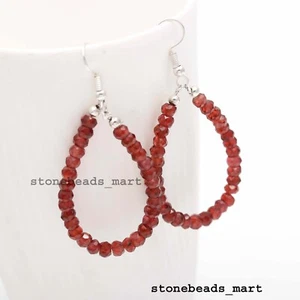 Red Garnet Genuine 4mm Rondelle Faceted Gemstone Hoop Earrings 2.15" - Picture 1 of 9