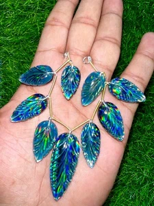 Natural Black Flashy Rainbow Carved Leaf Elongated Pear Gemstone, 20-35mm, 9 Pcs - Picture 1 of 4