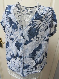 H&M Botanical Toile De Jouy Ladies Linen Top Size M Blue White Boxy Monstera - Picture 1 of 5