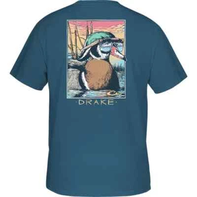 DRAKE WATERFOWL SYSTEMS Drake Waterfowl Pop Art Wood Duck Mens SS T-Shirt NWT Blue Steel