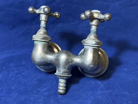 Antique C.1930 FAUCET, CAST IRON TUB ~ Helicopter Handles, Nickel Plated Brass Cover