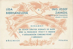 KAREL MINAR: Hochzeitsanzeige für L. Bierhanzlova und J. Zavadil, 1935 - Picture 1 of 1