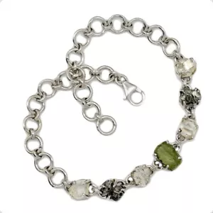 Natural Genuine Czech Moldavite & Herkimer Diamond 925 Silver Bracelet SB17435 - Picture 1 of 1