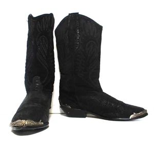 Vintage 1980s Zodiac Boots 6 1/2M Women Black Faux Leather Suede Silver Tips - Picture 1 of 9
