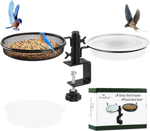 Deck Bird Feeder with Metal Mesh Tray and 2 Water Bowls - Heavy Duty Clamp - Picture 1 of 12