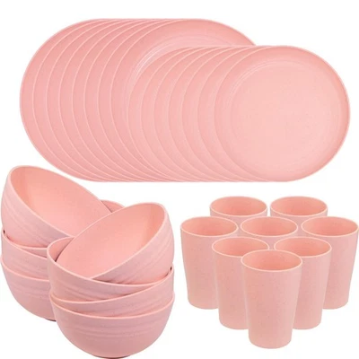 Pink Wheat Straw Dinnerware Sets,Unbreakable Dishes for 8, Plate and Bowls Se... - Image 1 of 4