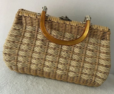 Vintage 50s 60s Woven Handbag Satchel Purse Straw Plastic Cord Lucite Handles - Image 1 of 4