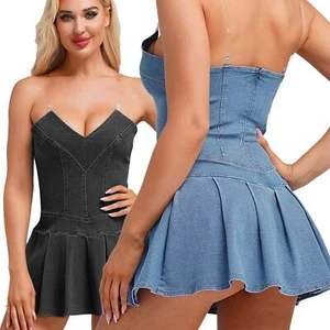 Womens Strapless Denim V Neck Sleeveless Bustier Top A-line Pleated Mini Dress - Picture 1 of 31