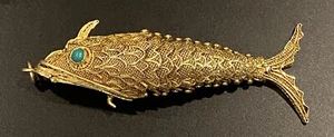 Beautiful Vintage/Antique Articulated Vermeil Turquoise Eyes Fish Pendant - Picture 1 of 9