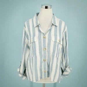 American Eagle Size XL Blue White Linen Blend Stripe Button Down Crop Top Blouse - Picture 1 of 8