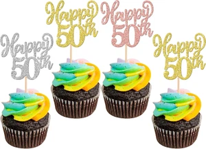 24 Pack Happy 50Th Cupcake Toppers Glitter Fifty Cheers to 50 Cupcake Picks 50 F - Picture 1 of 12