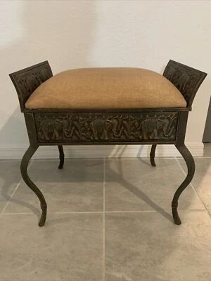 Upholstered Ornate Metal Elephant Motif Window Or Accent Bench - Image 1 of 4