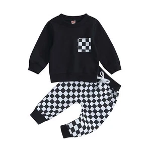 Baby Boy Fall Outfits Checkered Plaid Pullover Sweatshirt Top Pants Set Trend... - Picture 1 of 7
