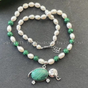 7-8mm Rice White Pearl & Jade/Sand/Malachite Gems Elephant Pendant Necklace 18" - Picture 1 of 42