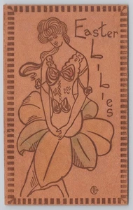 Easter Lilies Art Nouveau Woman Flower Form Leather Postcard - Picture 1 of 2