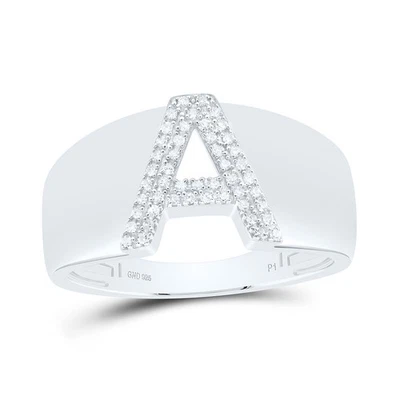 Sterling Silver Genuine Diamond Men's Block Letter A Initial Pinky Ring 1/8 CT - Image 1 of 4