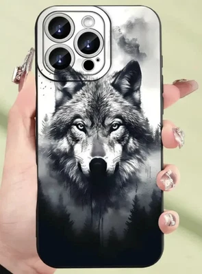 Hermosa Funda de Teléfono Gris Blanco y Negro Lobo sobre Negro Mate iPhone 14 Pro Max Foto 1 de 4