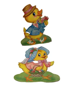 Vtg Easter Duck Chick w Basket Eggs Tulips Spring Die-Cut Cutout Dennison 6.75" - Picture 1 of 5