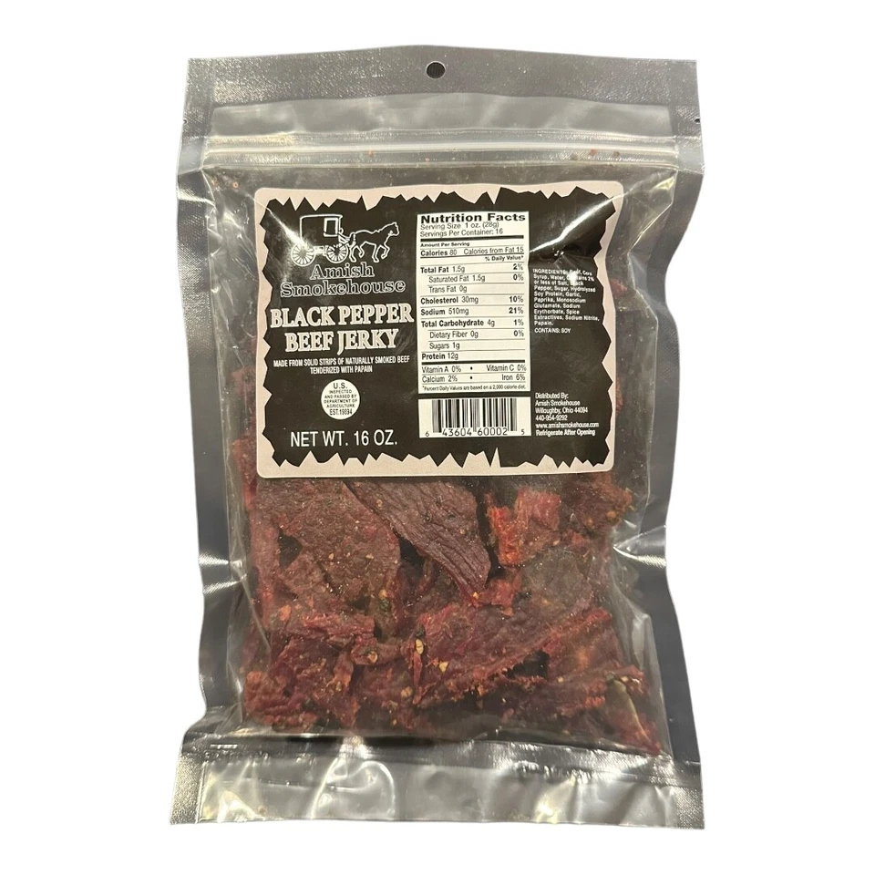 Amish Smokehouse Beef Jerky, 16oz Bulk Bag, Black Pepper