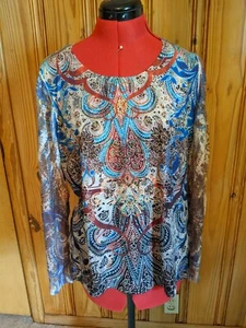 Chicos Women Tunic Top 2 Blue Brown Rhinestone  Long Sleeve Pullover - Picture 1 of 13