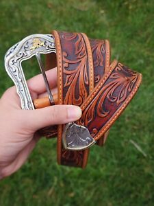 TONY LAMA BELT WESTERLY TOOLED LEATHER 46 TAN USA Top Grain Leather  Brown Horse
