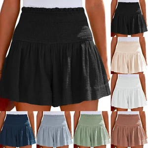 Womens Shorts Cotton High Elastic Waisted Pleated Ruffle Cute Casual Shorts - Picture 1 of 23