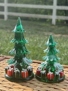2 Vintage Hand Blown Glass Christmas Trees Gifts 5.75” & 4.25” Tablescaping - Bild 1 von 5