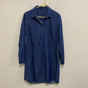 Gap Large Blue Denim Shirt Dress Drawstring Patch Pocket 100% Cotton Long Sleeve - Picture 1 of 6