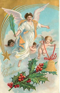 Embossed Postcard Religious Christmas Angel & Cherubs And Shooting Star - Picture 1 of 2