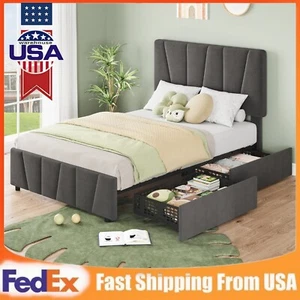 Twin Size Bed Frame with 2 Storage Drawers Linen Upholstered Headboard Platform - Picture 1 of 7