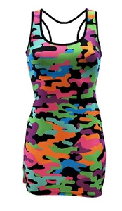 Women's Rainbow Multi Camo Camouflage Print Long Vest Top Bodycon Funky Rave - Picture 1 of 3