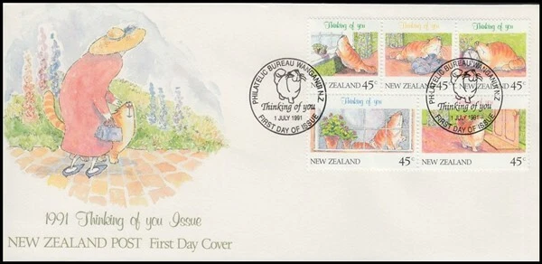 NEW ZEALAND FDC 1991 THINKING OF YOU SET OF 5 x 45c CATS (ID:F1003 (1/7) - Image 1 of 1