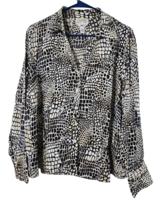 Talbots Petite 16W 100% Silk Button Up Top Snakeskin Long Sleeve Shirt Blouse - Image 1 of 4