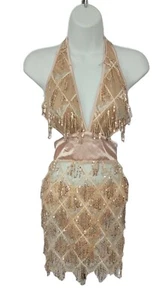 L'VOW Women's Glitter Sexy Deep V Neck Sequin Beaded, Champagne, Size M NWT - Picture 1 of 10