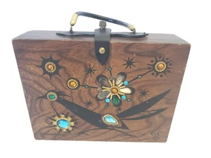 RARE FIND VINTAGE 1960s ENID COLLINS of TEXAS Bird and flowers WOOD BOX PURSE - Picture 1 of 22