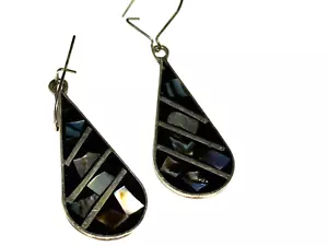 Vintage Alpaca Earrings Abalone Paua Dangle Drop Alpaca Silver - Picture 1 of 9