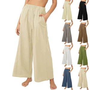 Womens Cotton Linen Solid Color High Waisted Trousers Loose Sport Wide Leg Pants - Picture 1 of 45